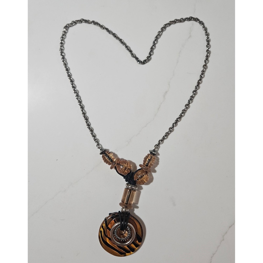 Tiger Stripe Resin Donut Pendant Necklace Amber Bead Boho Statement Gunmetal